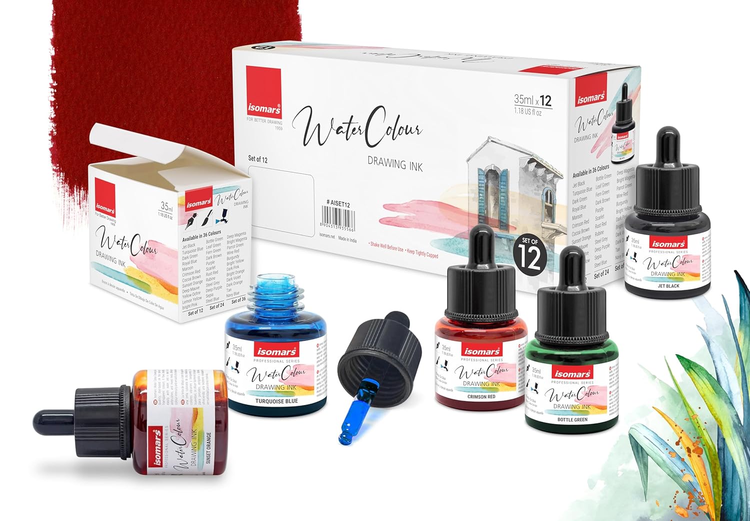 Isomars Water Color Ink Set of 12 Vibrant Professional Liquid Watercolors (35ml Bottles) with Droppers - Transparent Inks for Calligraphy, Illustration, Airbrushing & Painting - Isomars