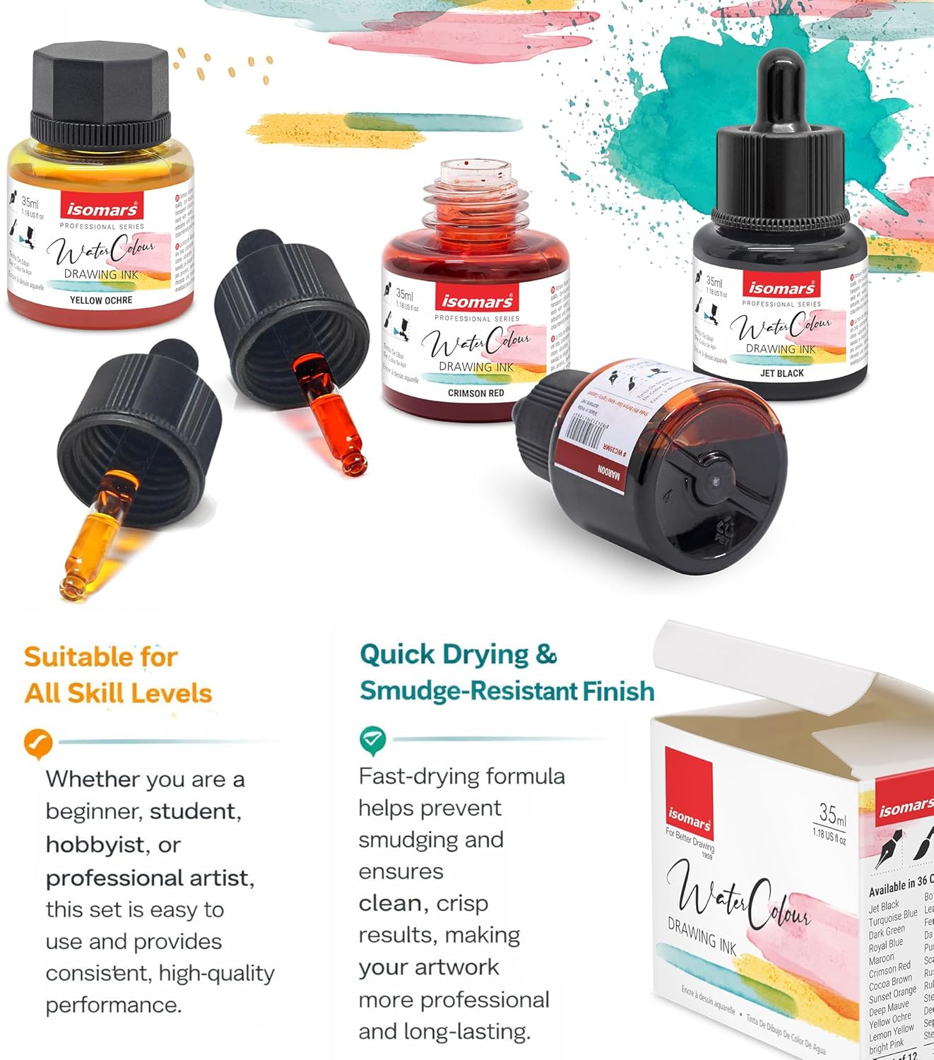 Isomars Water Color Ink Set of 12 Vibrant Professional Liquid Watercolors (35ml Bottles) with Droppers - Transparent Inks for Calligraphy, Illustration, Airbrushing & Painting - Isomars