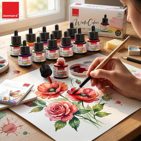 Isomars Watercolour Drawing Ink Set of 12 (35ml Each) with Mop Brush Set of 4 | Vibrant Liquid Watercolor Inks for Calligraphy, Illustration, Airbrush, Painting & Mixed Media Art - Isomars
