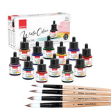Isomars Watercolour Drawing Ink Set of 12 (35ml Each) with Mop Brush Set of 4 | Vibrant Liquid Watercolor Inks for Calligraphy, Illustration, Airbrush, Painting & Mixed Media Art - Isomars