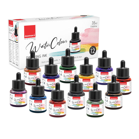 Isomars Watercolour Drawing Ink Set of 12 (35ml Each) with Mop Brush Set of 4 | Vibrant Liquid Watercolor Inks for Calligraphy, Illustration, Airbrush, Painting & Mixed Media Art - Isomars