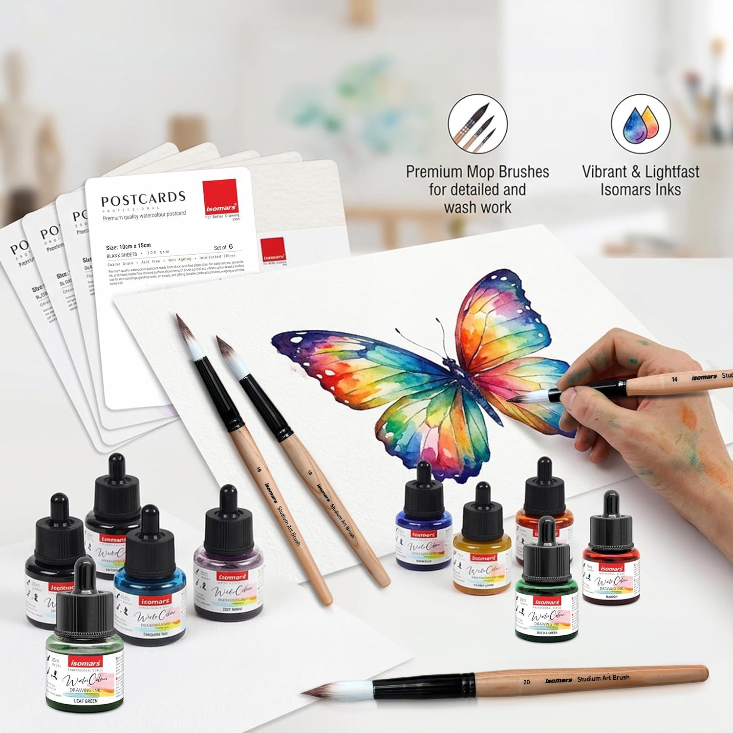 Isomars Watercolour Drawing Ink Set of 12 (35ml Each) with Mop Brush Set of 4 & Watercolor Postcards Set of 6 Sheets | Professional Liquid Watercolors for Painting, Calligraphy & Illustration - Isomars
