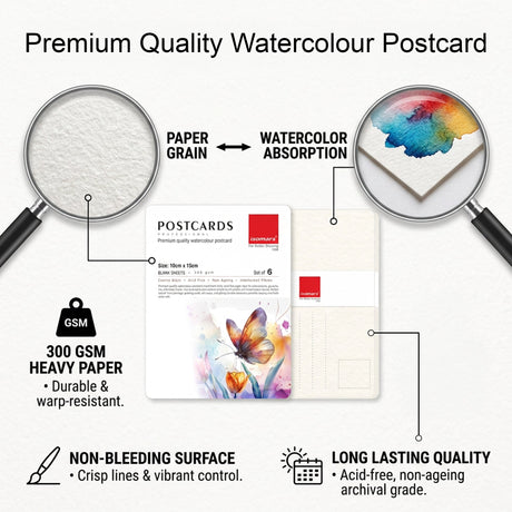Isomars Watercolour Drawing Ink Set of 12 (35ml Each) with Mop Brush Set of 4 & Watercolor Postcards Set of 6 Sheets | Professional Liquid Watercolors for Painting, Calligraphy & Illustration - Isomars