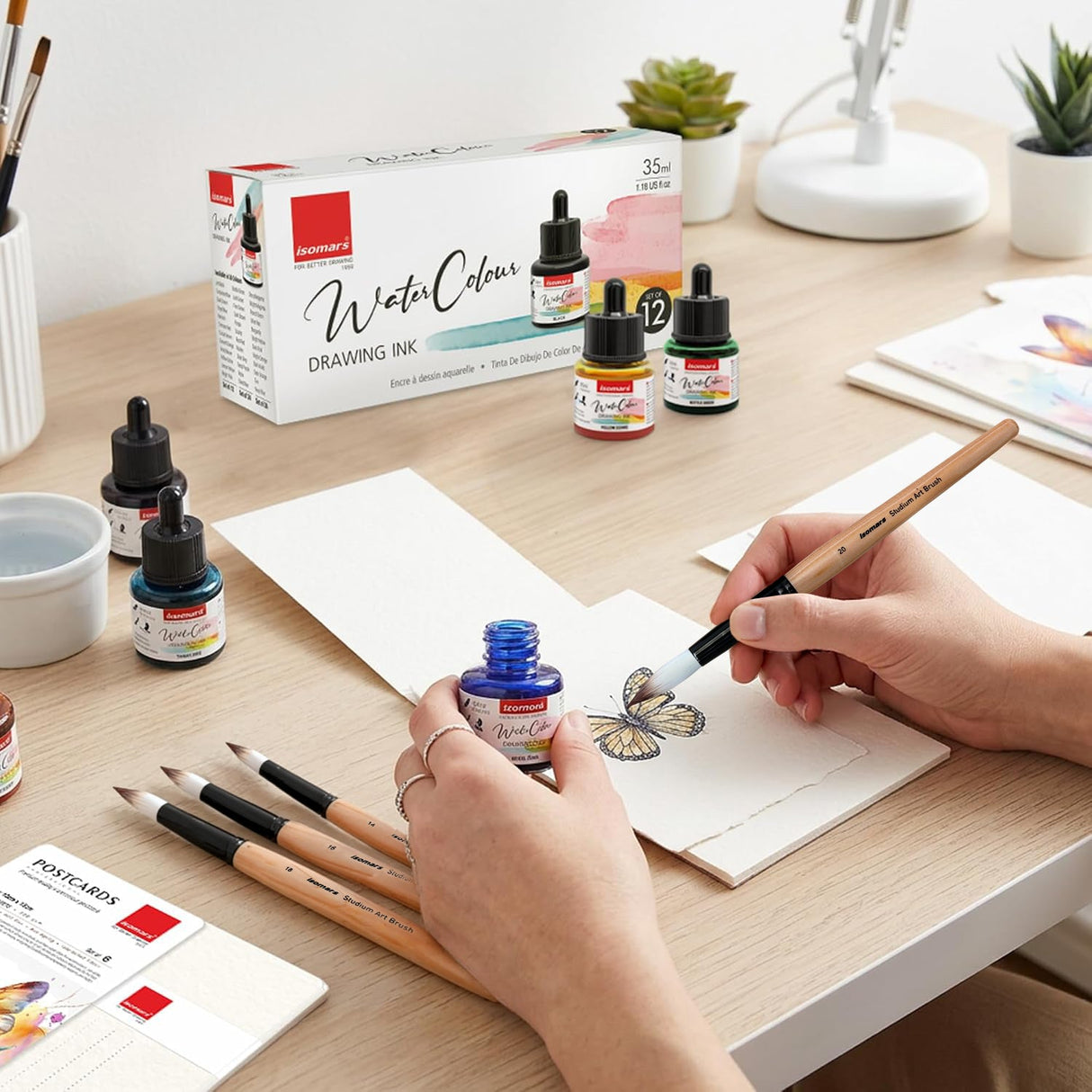 Isomars Watercolour Drawing Ink Set of 12 (35ml Each) with Mop Brush Set of 4 & Watercolor Postcards Set of 6 Sheets | Professional Liquid Watercolors for Painting, Calligraphy & Illustration - Isomars