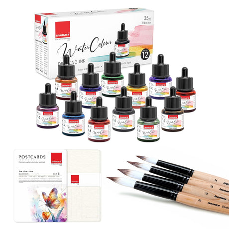 Isomars Watercolour Drawing Ink Set of 12 (35ml Each) with Mop Brush Set of 4 & Watercolor Postcards Set of 6 Sheets | Professional Liquid Watercolors for Painting, Calligraphy & Illustration - Isomars