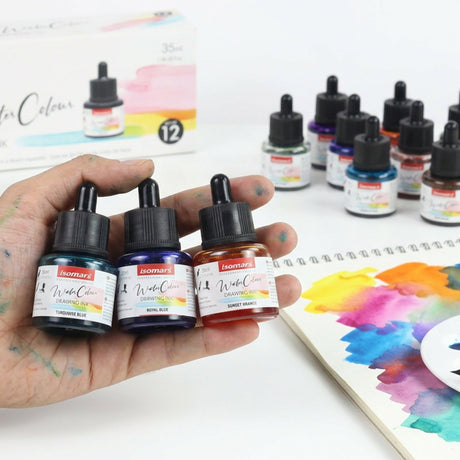 Isomars Watercolour Drawing Ink Set of 12 (35ml Each) with Mop Brush Set of 4 & Watercolor Postcards Set of 6 Sheets | Professional Liquid Watercolors for Painting, Calligraphy & Illustration - Isomars