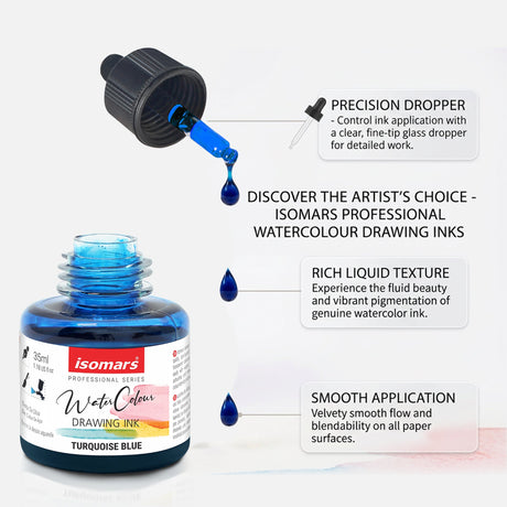 Isomars Watercolour Drawing Ink Set of 12 (35ml Each) with Mop Brush Set of 4 & Watercolor Postcards Set of 6 Sheets | Professional Liquid Watercolors for Painting, Calligraphy & Illustration - Isomars