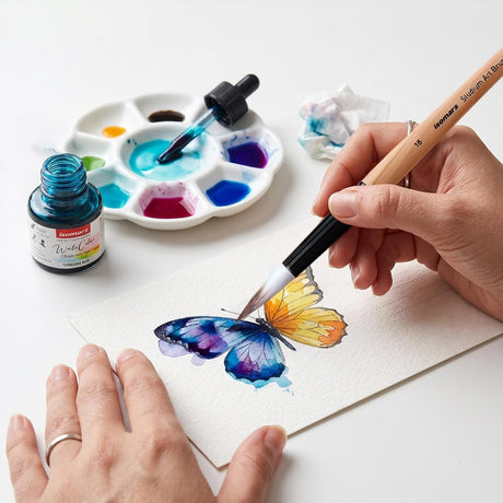 Isomars Watercolour Drawing Ink Set of 12 (35ml Each) with Mop Brush Set of 4 & Watercolor Postcards Set of 6 Sheets | Professional Liquid Watercolors for Painting, Calligraphy & Illustration - Isomars