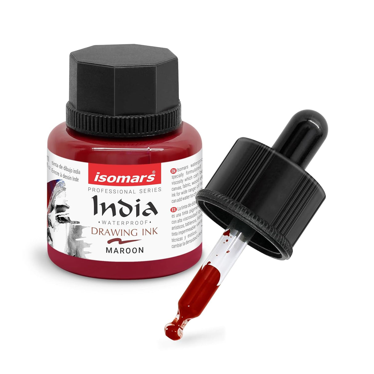Isomars Waterproof Drawing Ink with Dropper 35ml | Maroon India Ink for Calligraphy, Art, Technical Drawing & Illustration | Quick Dry, Fade Resistant, Permanent Pigmented Ink - Isomars