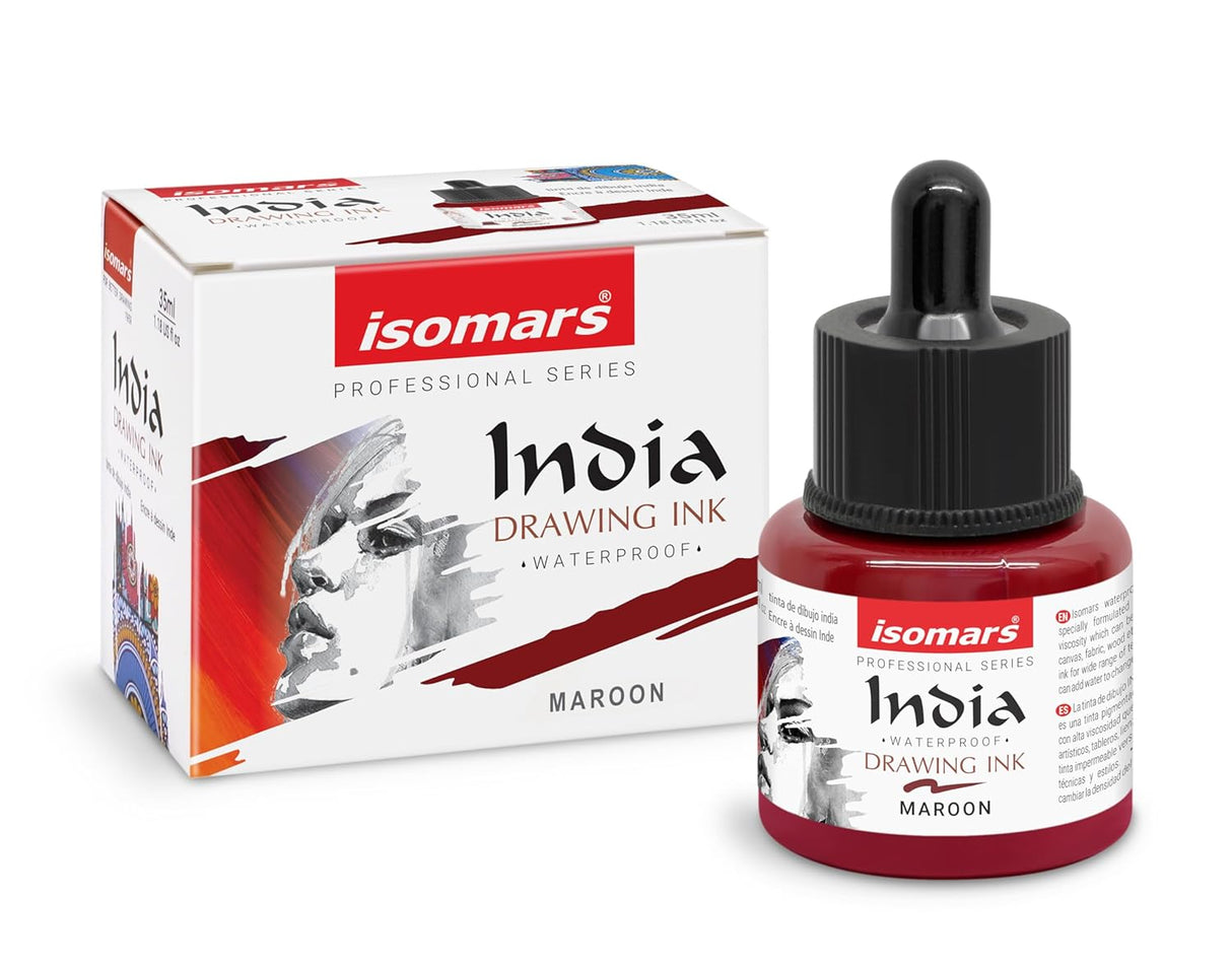 Isomars Waterproof Drawing Ink with Dropper 35ml | Maroon India Ink for Calligraphy, Art, Technical Drawing & Illustration | Quick Dry, Fade Resistant, Permanent Pigmented Ink - Isomars