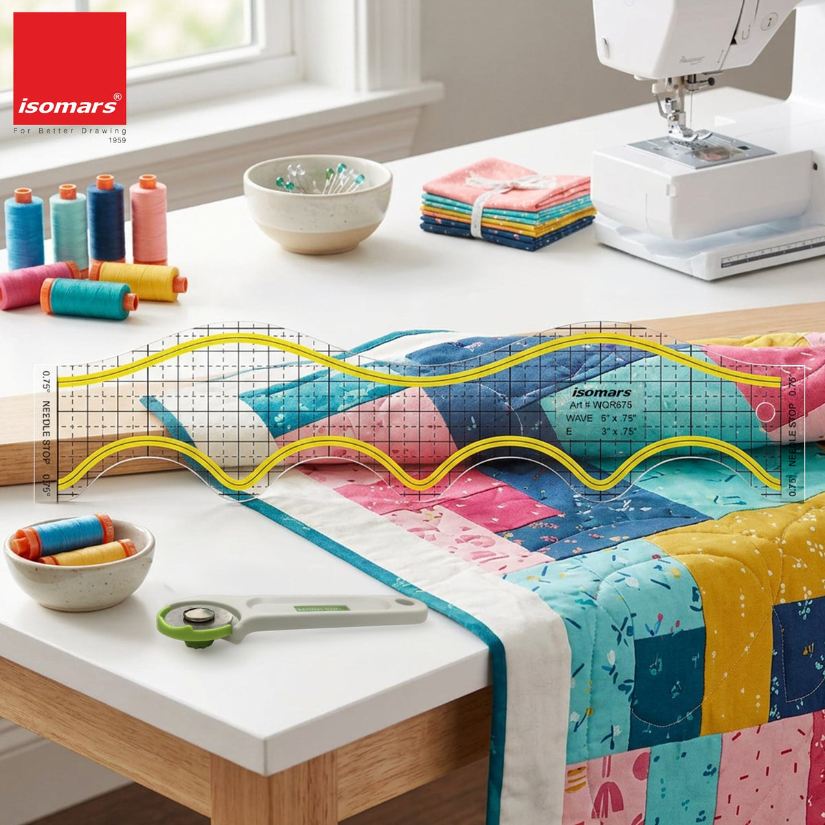 Isomars Wave Quilting Ruler 12.75 x 3 Inch Acrylic Sewing Template - Isomars
