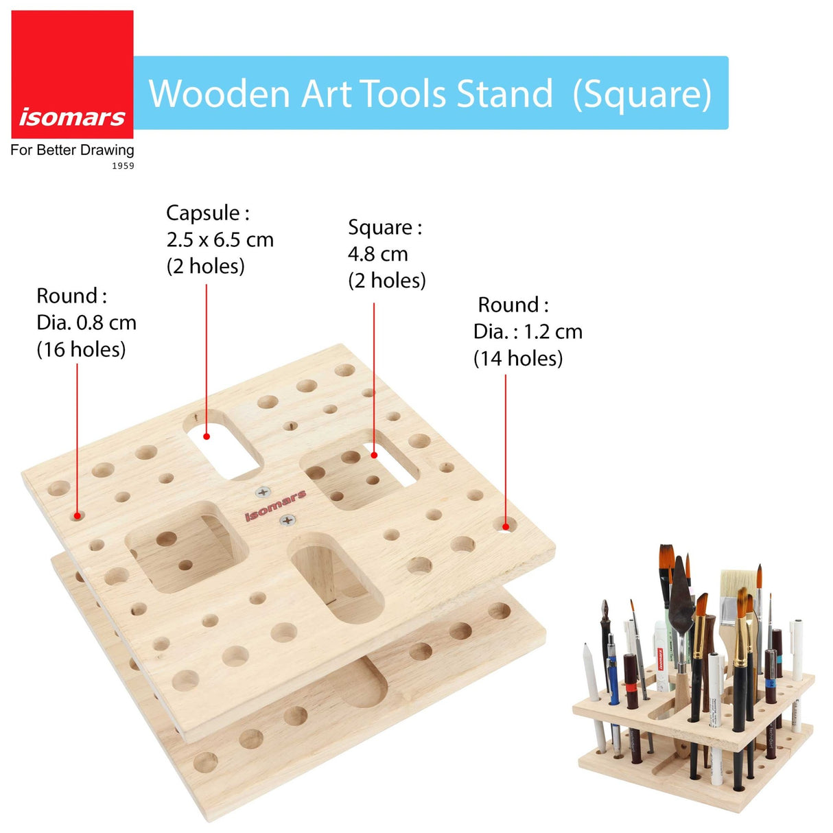 Isomars Wooden Art Tools Brush Stand - Square Brush Organiser for all kind of paint brush handles and other drawing instruments (WITHOUT BRUSHES) - Isomars