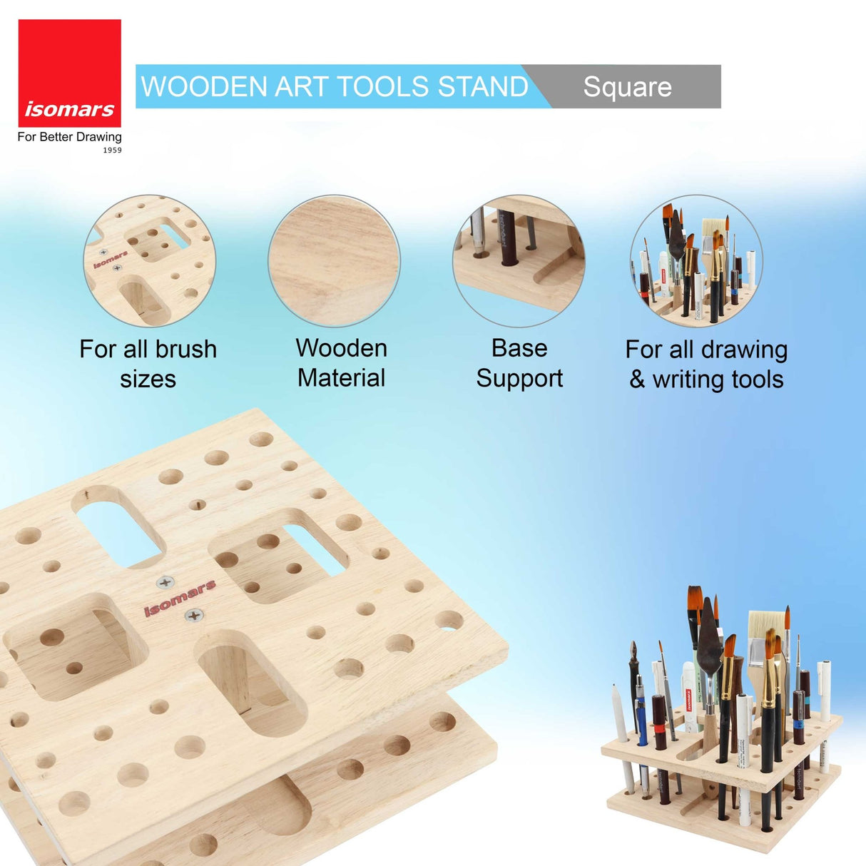 Isomars Wooden Art Tools Brush Stand - Square Brush Organiser for all kind of paint brush handles and other drawing instruments (WITHOUT BRUSHES) - Isomars