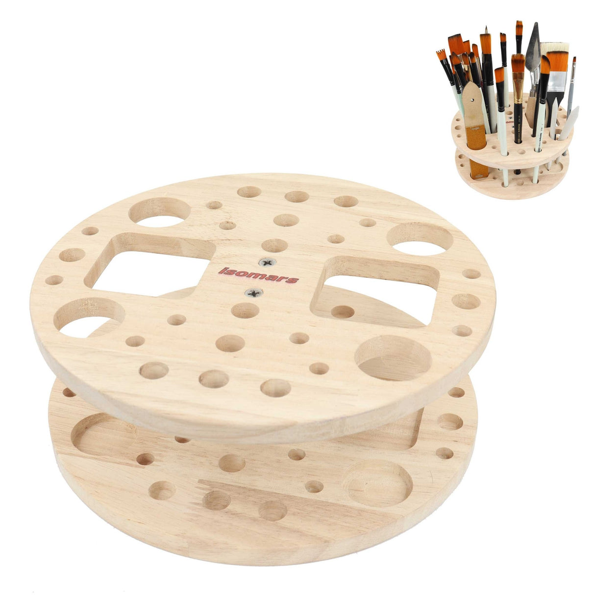Isomars Wooden Art Tools - (Round) Brush Stand, Brush Organiser for all kind of paint brush handles and other drawing instruments (WITHOUT BRUSHES) - Isomars