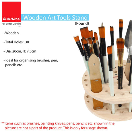 Isomars Wooden Art Tools - (Round) Brush Stand, Brush Organiser for all kind of paint brush handles and other drawing instruments (WITHOUT BRUSHES) - Isomars