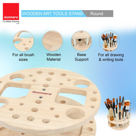 Isomars Wooden Art Tools - (Round) Brush Stand, Brush Organiser for all kind of paint brush handles and other drawing instruments (WITHOUT BRUSHES) - Isomars