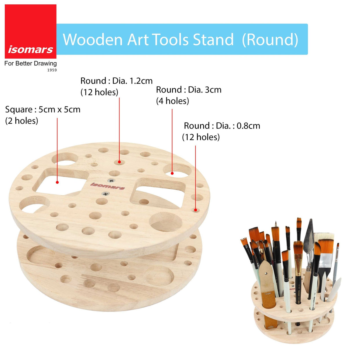 Isomars Wooden Art Tools - (Round) Brush Stand, Brush Organiser for all kind of paint brush handles and other drawing instruments (WITHOUT BRUSHES) - Isomars