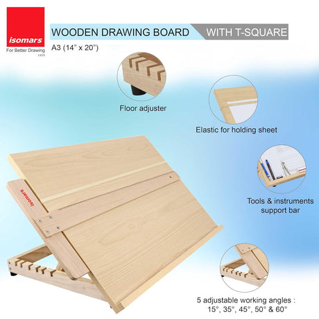 Isomars Wooden Board 14" x 20" with Wooden T-Square Combo - Drawing & Drafting Board & Wooden T-Scale Combo for Architecture and Engineering - Isomars