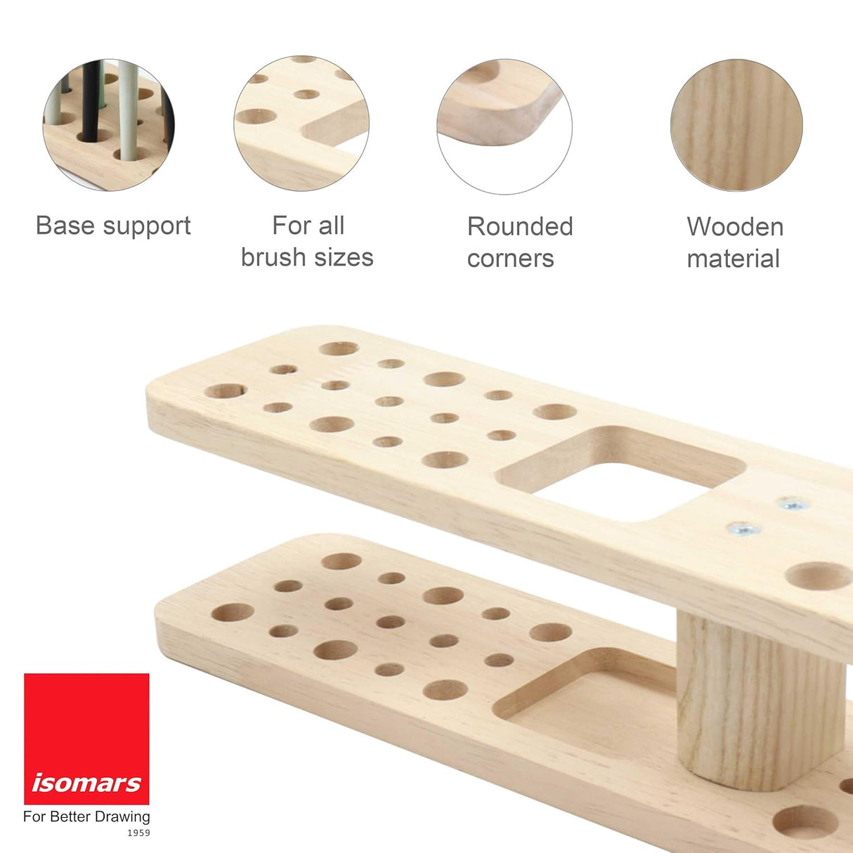 Isomars Wooden Brush Stand - Rectangular Brush Organiser for all kind of paint brushes handles (WITHOUT BRUSHES) - Isomars