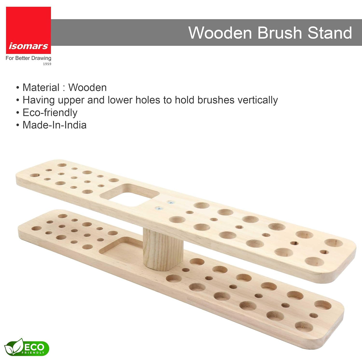 Isomars Wooden Brush Stand - Rectangular Brush Organiser for all kind of paint brushes handles (WITHOUT BRUSHES) - Isomars