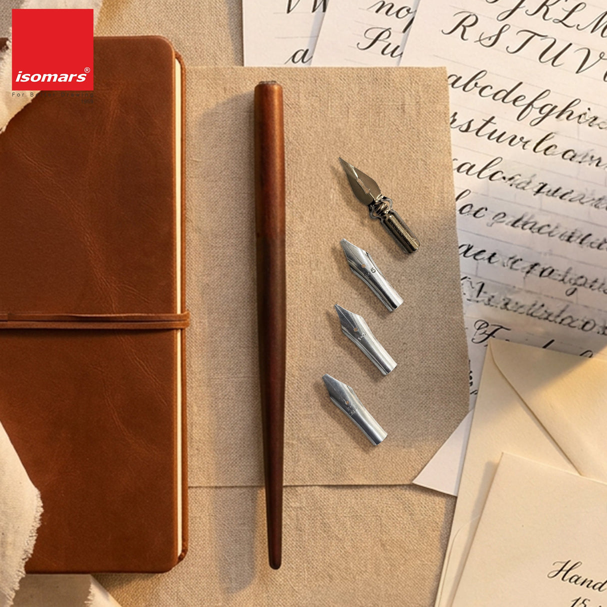 Isomars Wooden Calligraphy Pen Holder Set with 4 Professional Nibs for calligraphy, lettering, sketching and artistic writing - Isomars
