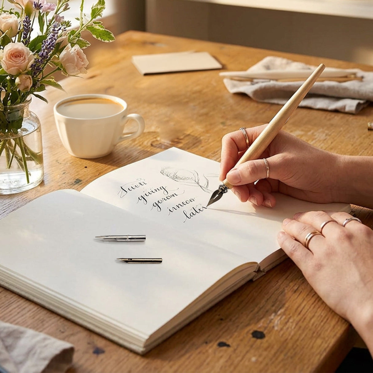 Isomars Wooden Calligraphy Pen Holder with English nib, mapping nib & flex nib for calligraphy, lettering, sketching and artistic writing - Isomars
