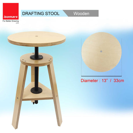 Isomars Wooden Drafting Stool, Height Adjustable 51-69 cm, Round Top with 33 cm Diameter, Artist Drawing Table Seat - Isomars