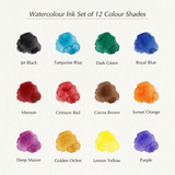 Isomars Water Color Ink Set of 12 Vibrant Professional Liquid Watercolors (35ml Bottles) with Droppers - Transparent Inks for Calligraphy, Illustration, Airbrushing & Painting
