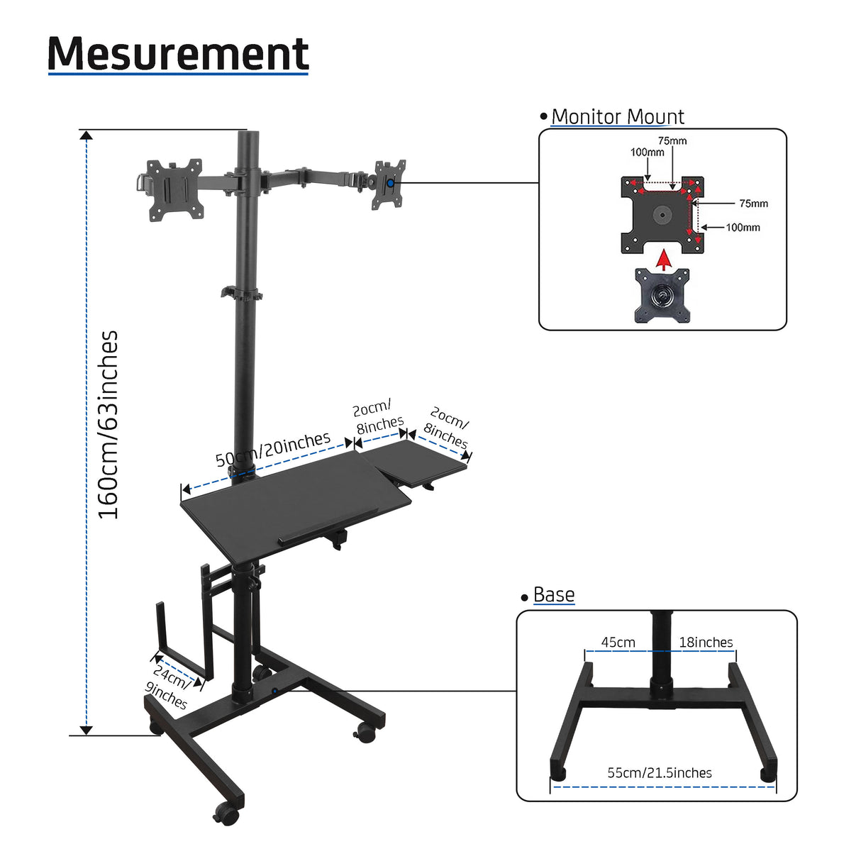 Isomars Computer Standing Desktop Workstation with Dual Monitor Mount Adjustable Height with Keyboard & Mouse Tray Space for CPU Holder, Sit Stand Table comes with Wheel for easy to move