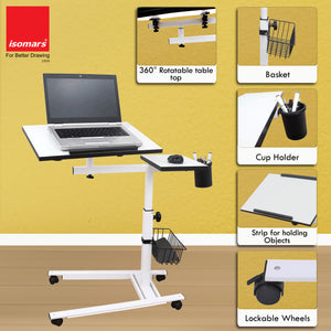 Isomars Metal 360° Rotatable Table Laptop Table Study Desk, Caster Lockable Wheels, & Height Adjustable for Breakfast Table, Work from Home & Online Classes