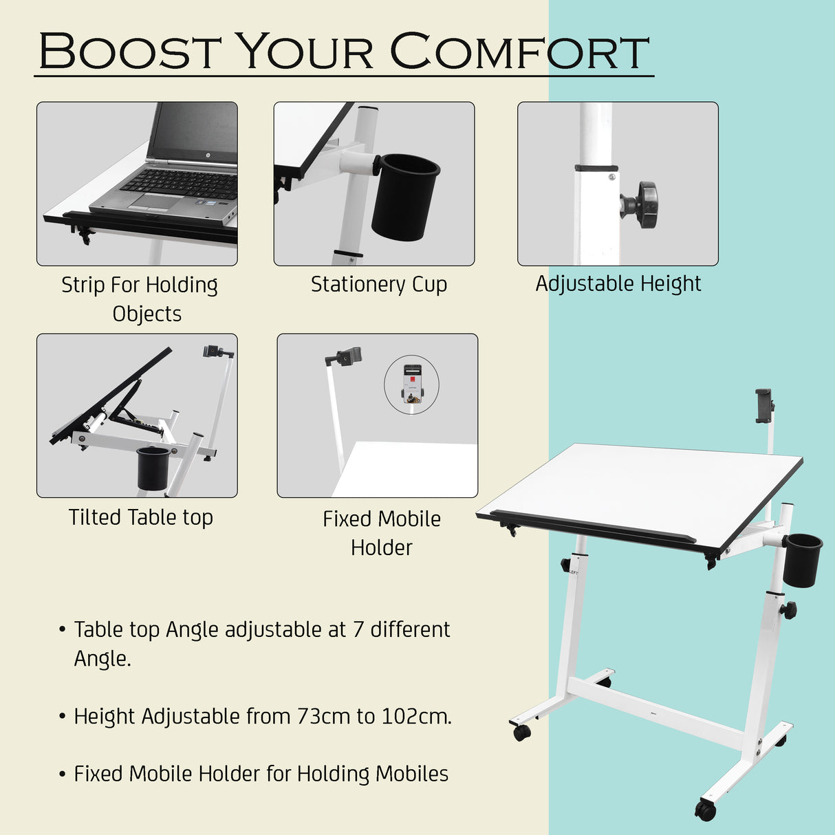 Isomars Multipurpose Laptop Table Study Desk Drawing Table, Caster Lockable Wheels, Adjustable Height and Angle for Work from Home, Office, Bedroom - Black (Alloy Steel)