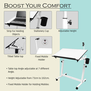 Isomars Multipurpose Laptop Table Study Desk Drawing Table, Caster Lockable Wheels, Adjustable Height and Angle for Work from Home, Office, Bedroom