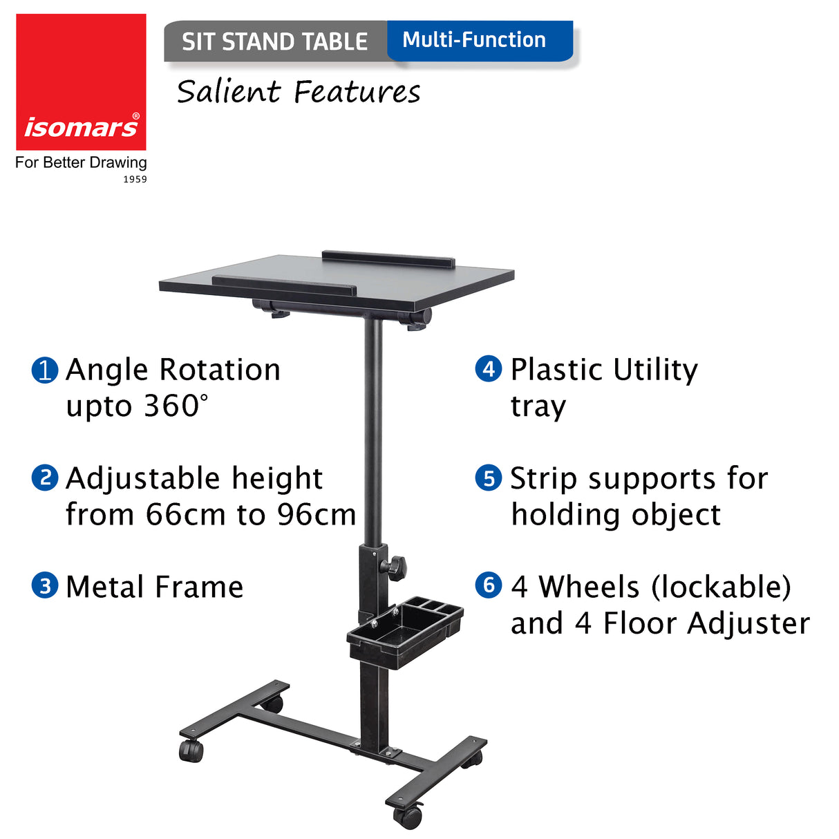 Isomars Multipurpose Laptop Table Study Desk, Lockable Wheels, & Adjustable Height And Angle For Breakfast Table, Wfh & Online Classes (Black)