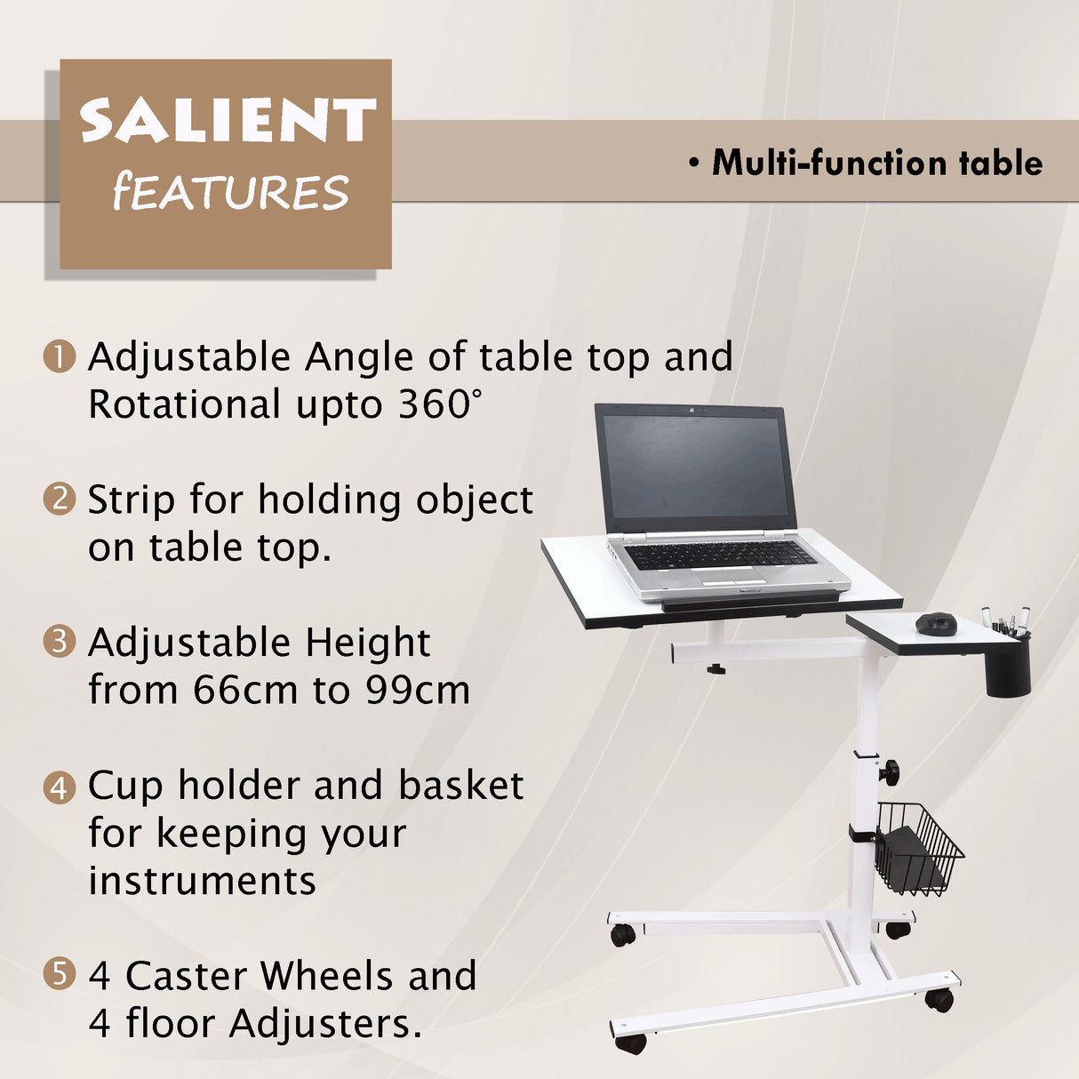 Isomars Metal 360° Rotatable Table Laptop Table Study Desk, Caster Lockable Wheels, & Height Adjustable for Breakfast Table, Work from Home & Online Classes