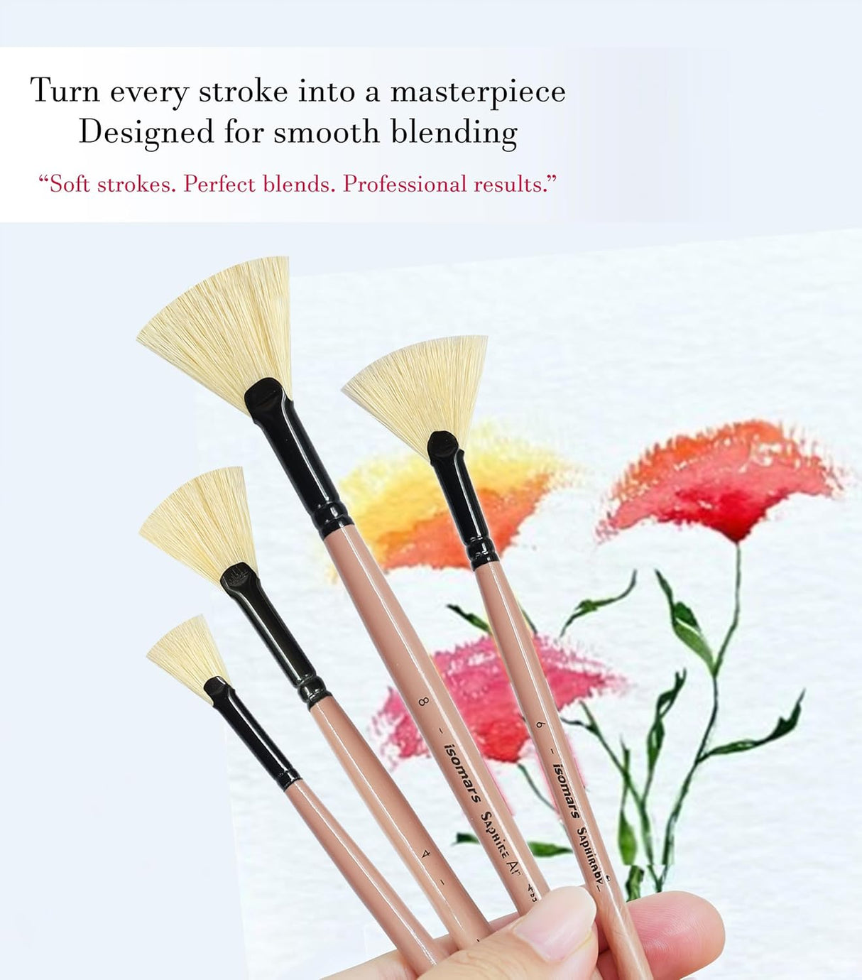 Saphire Fan Paint Brush Set of 4 | Professional Taklon Synthetic Long Handle Artist Brushes for Blending, Texture, Foliage & Cloud Effects | Acrylic, Watercolor, Oil, Gouache & Craft Painting - Isomars