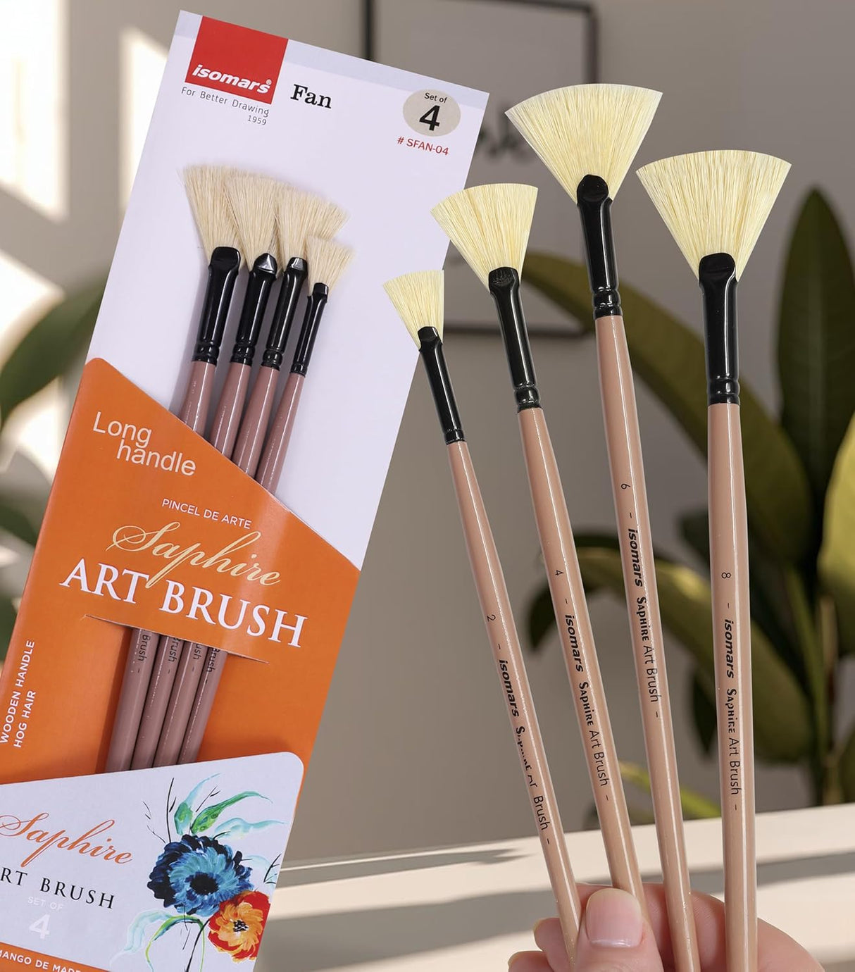 Saphire Fan Paint Brush Set of 4 | Professional Taklon Synthetic Long Handle Artist Brushes for Blending, Texture, Foliage & Cloud Effects | Acrylic, Watercolor, Oil, Gouache & Craft Painting - Isomars