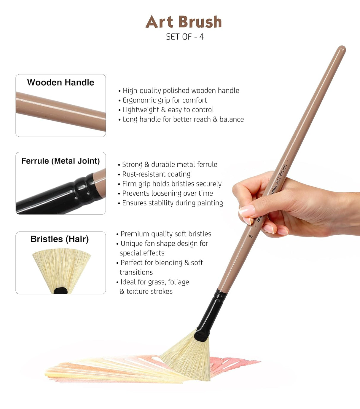 Saphire Fan Paint Brush Set of 4 | Professional Taklon Synthetic Long Handle Artist Brushes for Blending, Texture, Foliage & Cloud Effects | Acrylic, Watercolor, Oil, Gouache & Craft Painting - Isomars