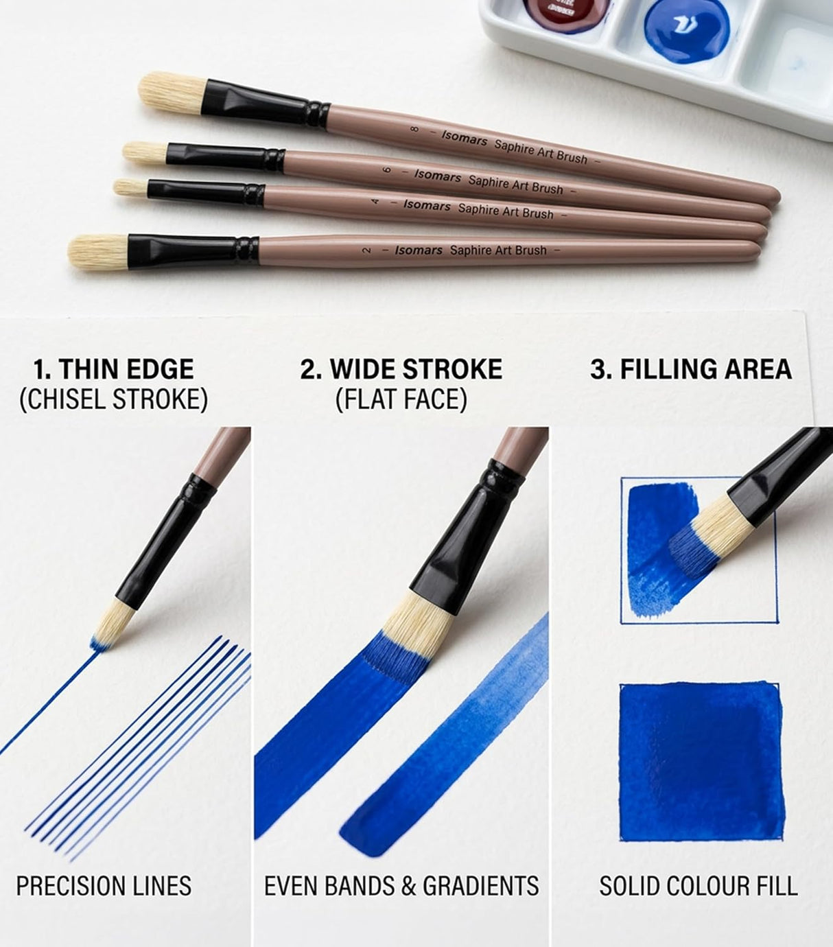 Saphire Filbert Paint Brush Set of 4 | Professional Hog Hair Long Handle Artist Brushes for Acrylic, Oil & Canvas Painting | Smooth Blending, Soft Edges & Controlled Strokes - Isomars