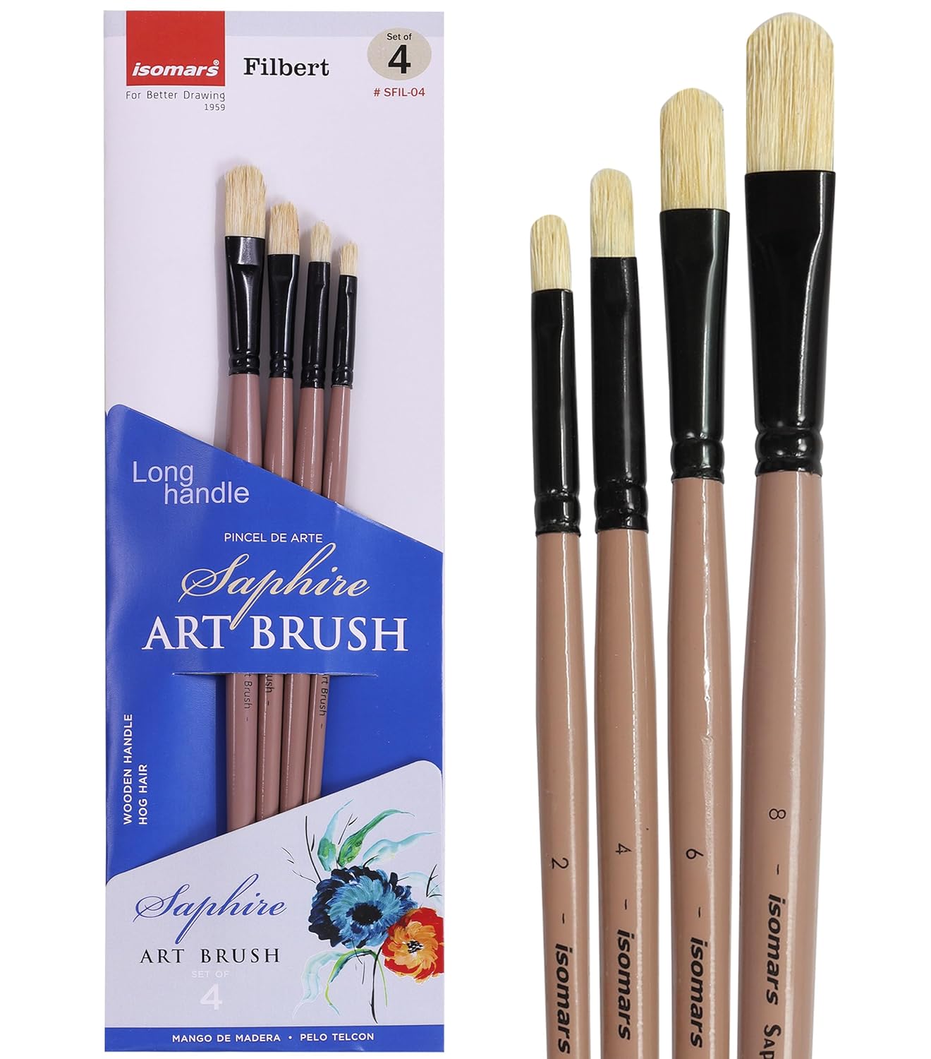 Saphire Filbert Paint Brush Set of 4 | Professional Hog Hair Long