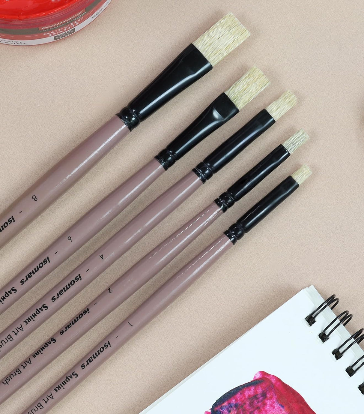 Saphire Flat Paint Brush Set of 5 | Professional Taklon Synthetic Long Handle Artist Brushes for Acrylic, Watercolor, Oil & Gouache Painting | Smooth Strokes, Broad Coverage & Easy Blending - Isomars