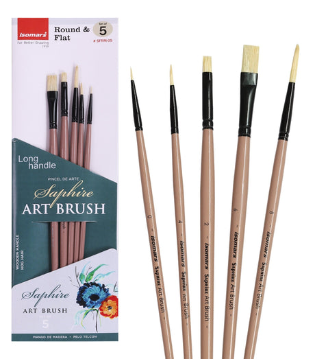 Saphire Flat & Round Paint Brush Set of 5 for Artists | Professional Mixed Art Brush Set for Watercolor, Acrylic & Oil Painting | Smooth Blending, Fine Detailing & Even Strokes Multi-Purpose Brushes - Isomars
