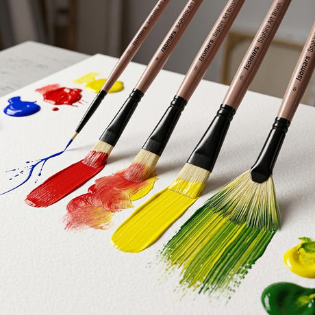 Saphire Master Paint Brush Set of 5 | Professional Hog Hair Long Handle Artist Brushes for Acrylic, Oil, Watercolor & Canvas Painting | Mixed Filbert, Fan, Flat, Round & Liner Brush Set - Isomars