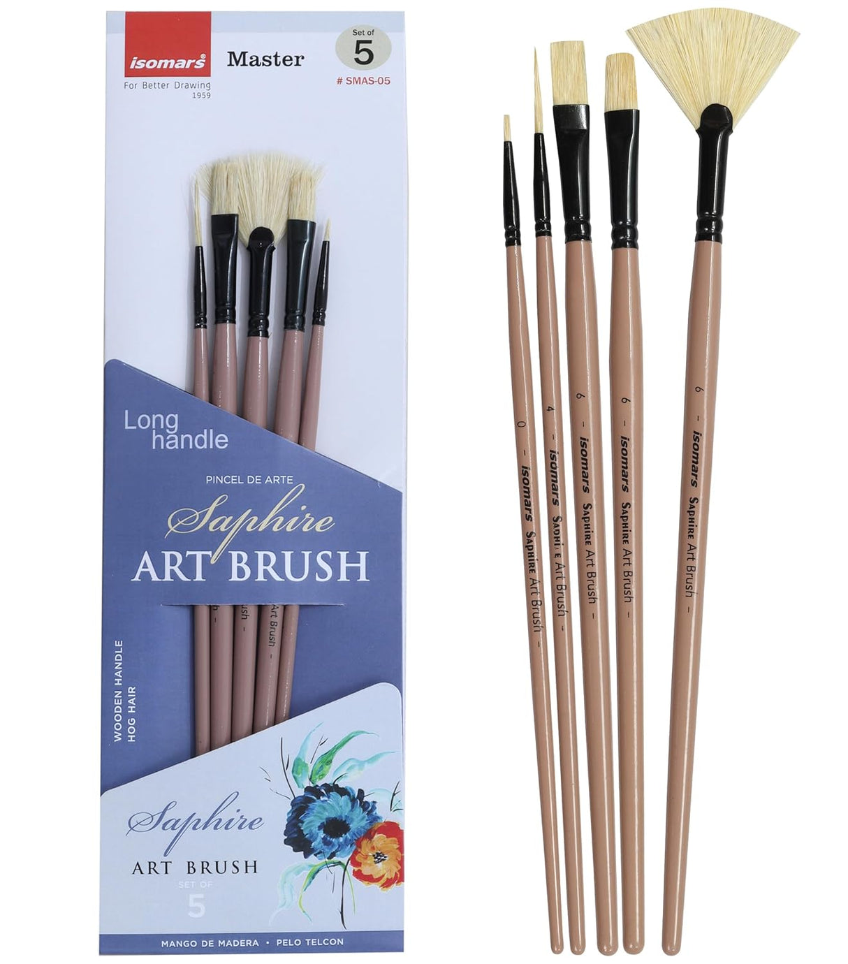 Saphire Master Paint Brush Set of 5 | Professional Hog Hair Long Handle Artist Brushes for Acrylic, Oil, Watercolor & Canvas Painting | Mixed Filbert, Fan, Flat, Round & Liner Brush Set - Isomars