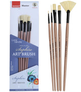 Saphire Master Paint Brush Set of 5 | Professional Hog Hair Long Handle Artist Brushes for Acrylic, Oil, Watercolor & Canvas Painting | Mixed Filbert, Fan, Flat, Round & Liner Brush Set - Isomars