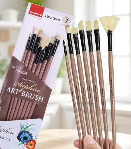 Saphire Painter’s Paint Brush Set of 7 | Professional Mixed Shape Hog Hair Artist Brushes for Acrylic & Oil Painting | Long Handle Canvas Brush Set (Filbert, Fan, Angular, Flat, Round, Deer Foot, Dagger) - Isomars