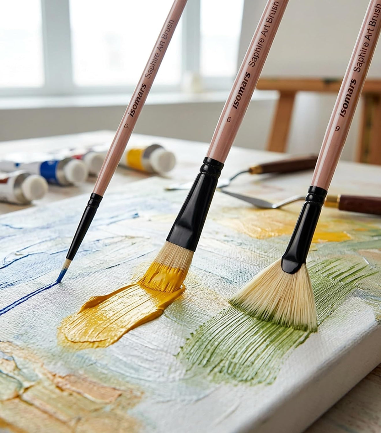 Saphire Painter’s Paint Brush Set of 7 | Professional Mixed Shape Hog Hair Artist Brushes for Acrylic & Oil Painting | Long Handle Canvas Brush Set (Filbert, Fan, Angular, Flat, Round, Deer Foot, Dagger) - Isomars