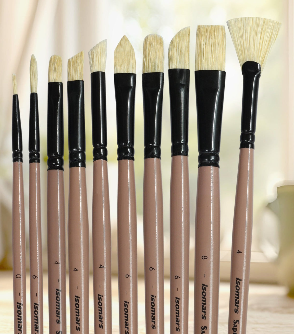 Saphire Professional Paint Brush Set of 10 | Mixed Long Handle Hog Hair Artist Brushes for Acrylic & Oil Painting | Filbert, Fan, Angular, Flat, Round, Deer Foot, Dagger, Cat’s Tongue Canvas Brush Set - Isomars