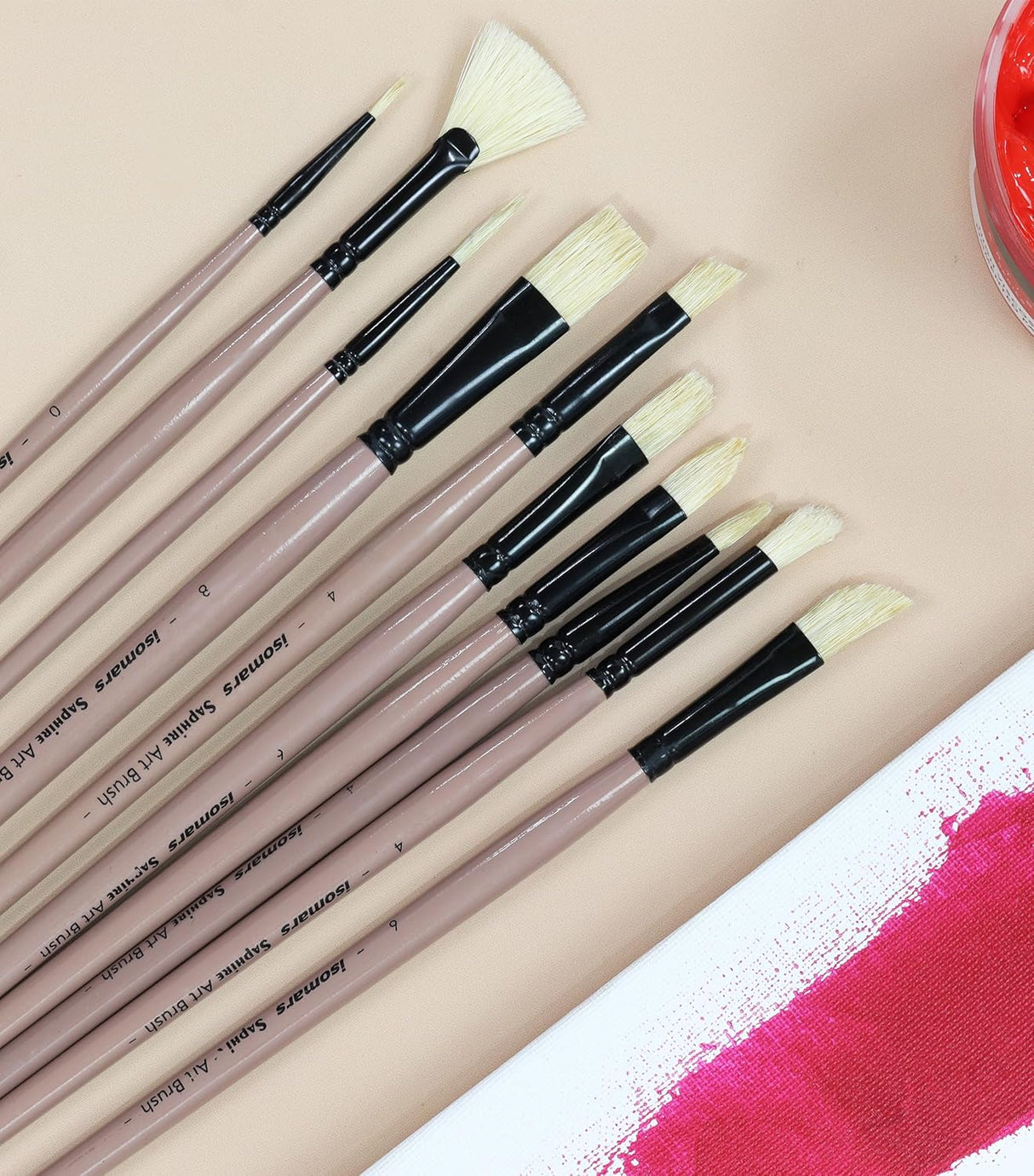Saphire Professional Paint Brush Set of 10 | Mixed Long Handle Hog Hair Artist Brushes for Acrylic & Oil Painting | Filbert, Fan, Angular, Flat, Round, Deer Foot, Dagger, Cat’s Tongue Canvas Brush Set - Isomars