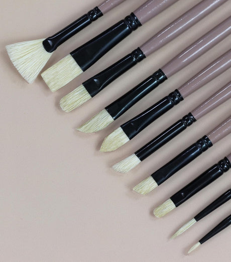Saphire Professional Paint Brush Set of 10 | Mixed Long Handle Hog Hair Artist Brushes for Acrylic & Oil Painting | Filbert, Fan, Angular, Flat, Round, Deer Foot, Dagger, Cat’s Tongue Canvas Brush Set - Isomars