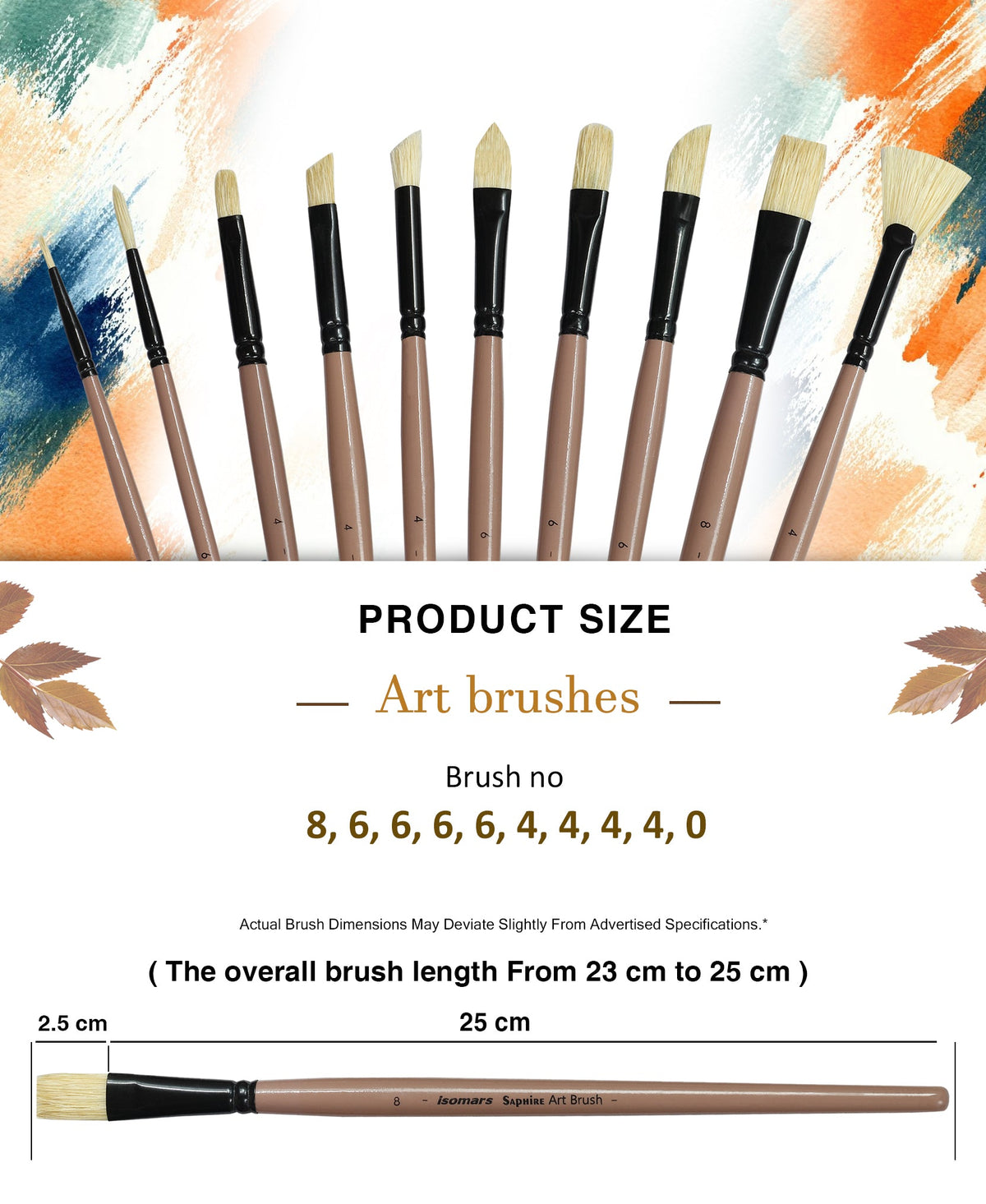 Saphire Professional Paint Brush Set of 10 | Mixed Long Handle Hog Hair Artist Brushes for Acrylic & Oil Painting | Filbert, Fan, Angular, Flat, Round, Deer Foot, Dagger, Cat’s Tongue Canvas Brush Set - Isomars